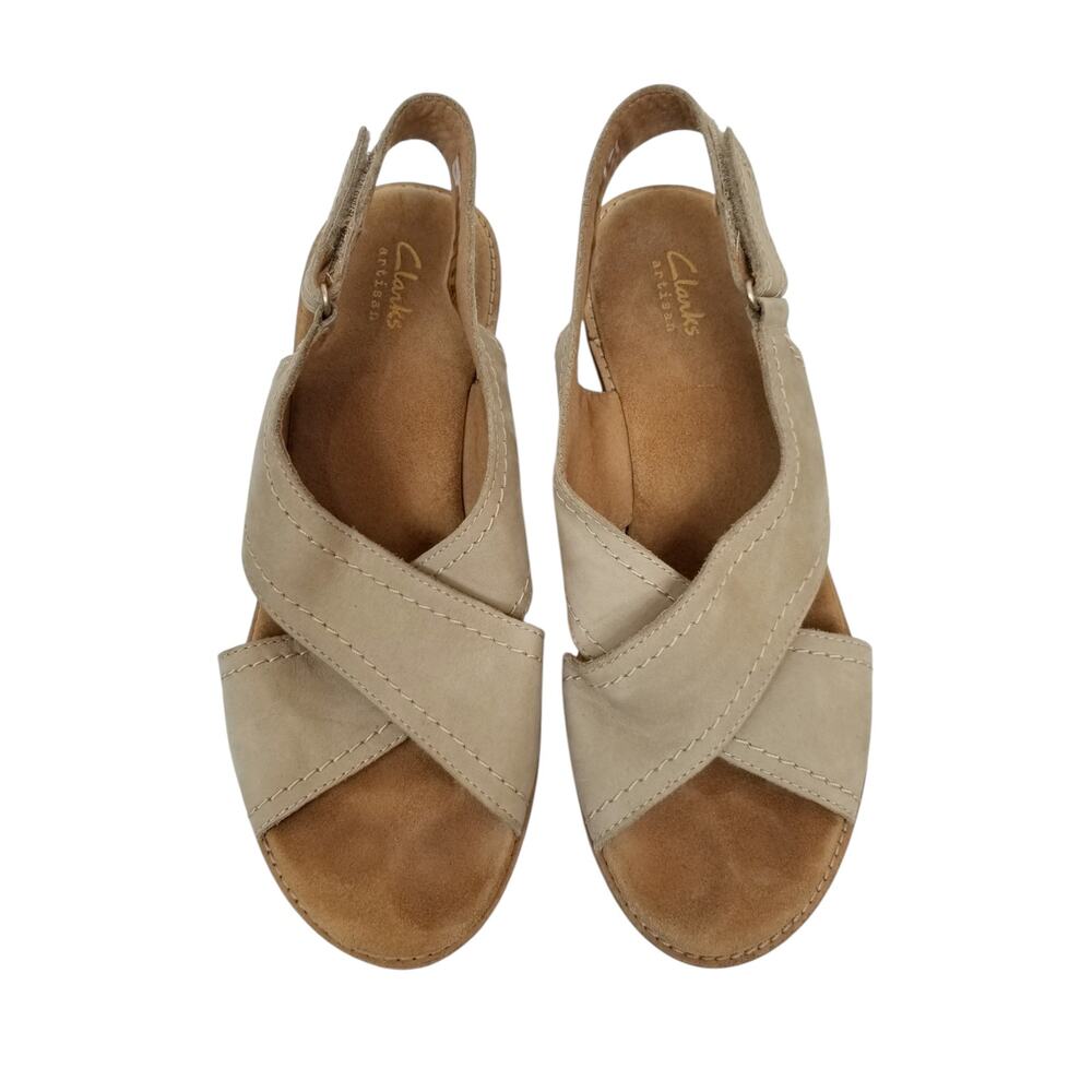 Clarks Artisan Aisley Tulip Cork Wedge Heel Leather Slingback Sandals Tan Size 8 - Picture 2 of 8